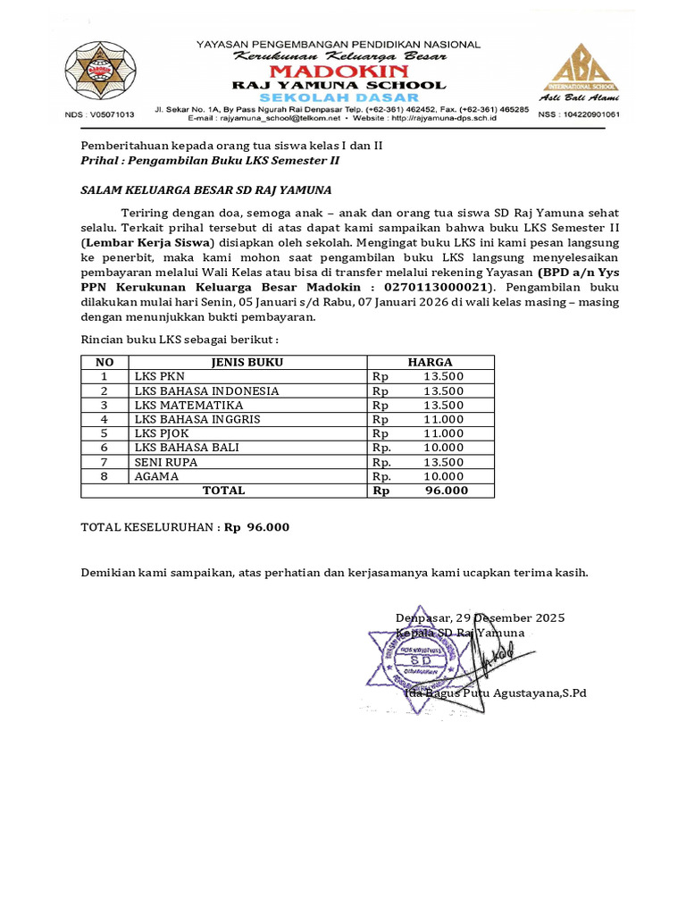 Pengambilan Buku LKS Kelas I-II SD Raj Yamuna | PDF