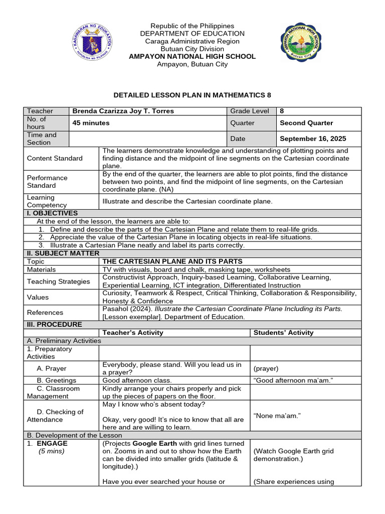 Detailed Math Lesson Plan: Cartesian Plane | PDF | Cartesian Coordinate ...