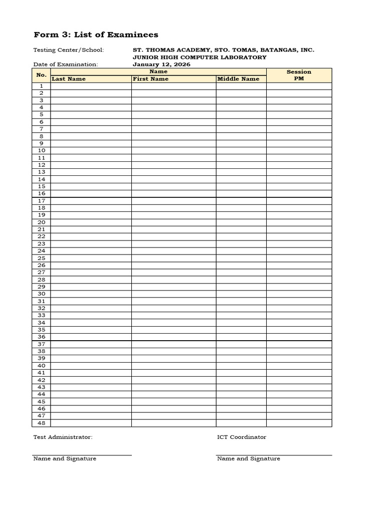 PM Session Jhs Comlab List of Examinees | PDF