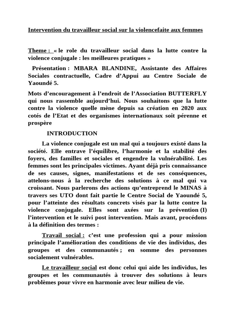 Rôle du travailleur social contre la violence conjugale | PDF | Travail ...