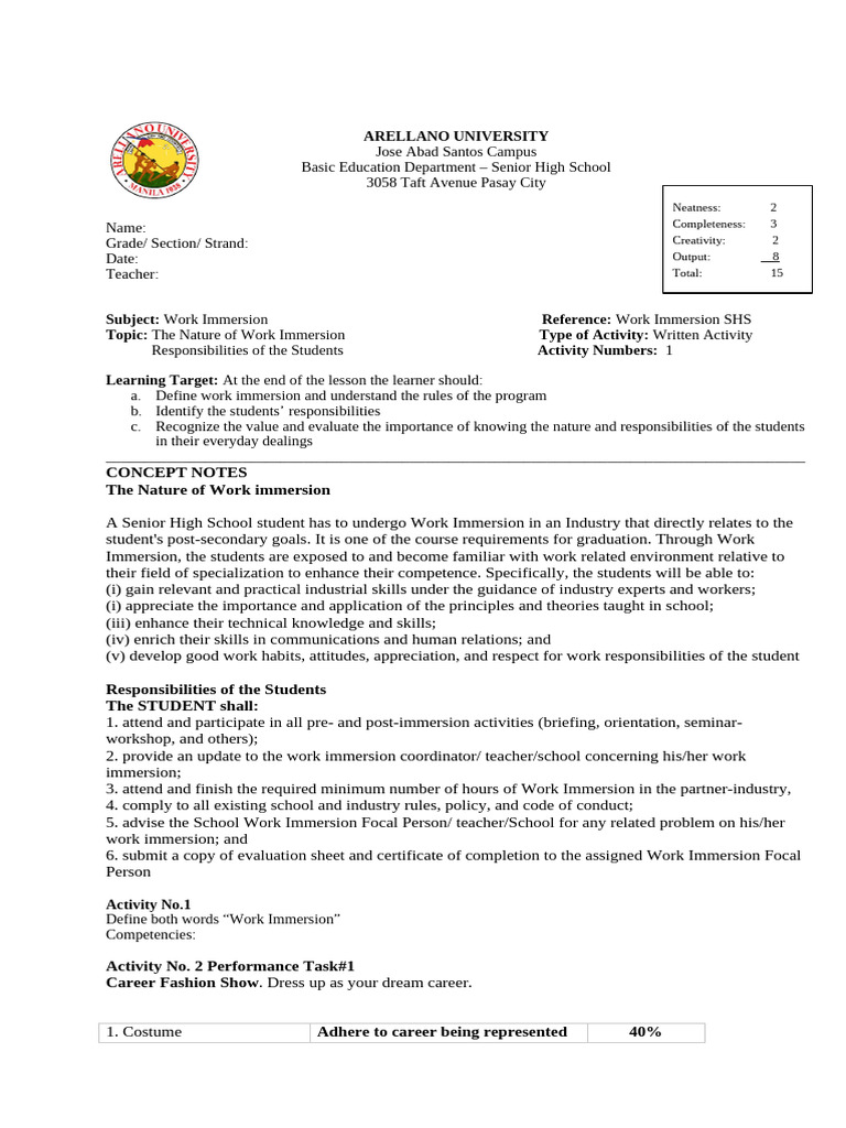 Work Immersion Guide for SHS Students | PDF | Learning | Cognition