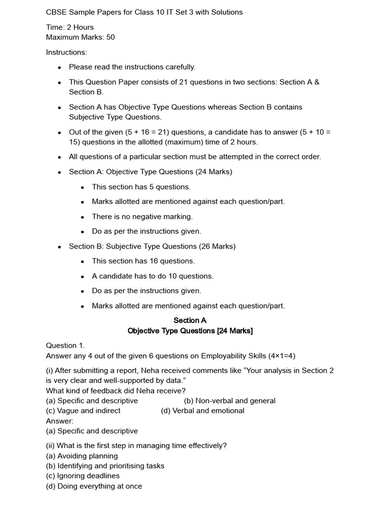 CBSE Sample Papers For Class 10 IT Set 3 With Solutions | PDF ...