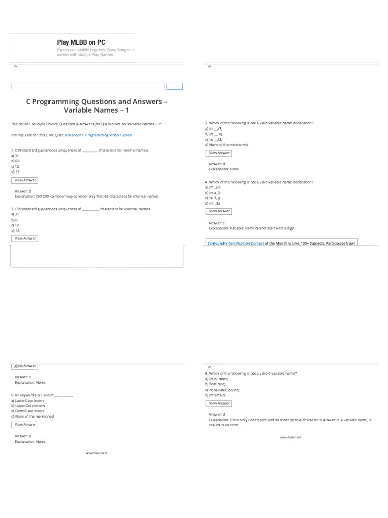 C Variable Names MCQs and Answers | PDF | C (Programming Language ...