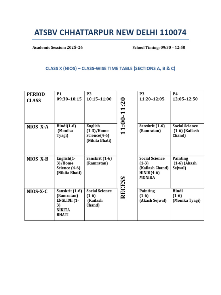 Class X NIOS Time Table 2025-26 | PDF