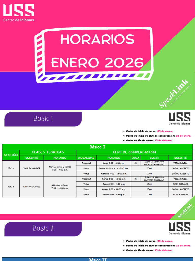 Horarios de Cursos de Idiomas Enero 2026 | PDF