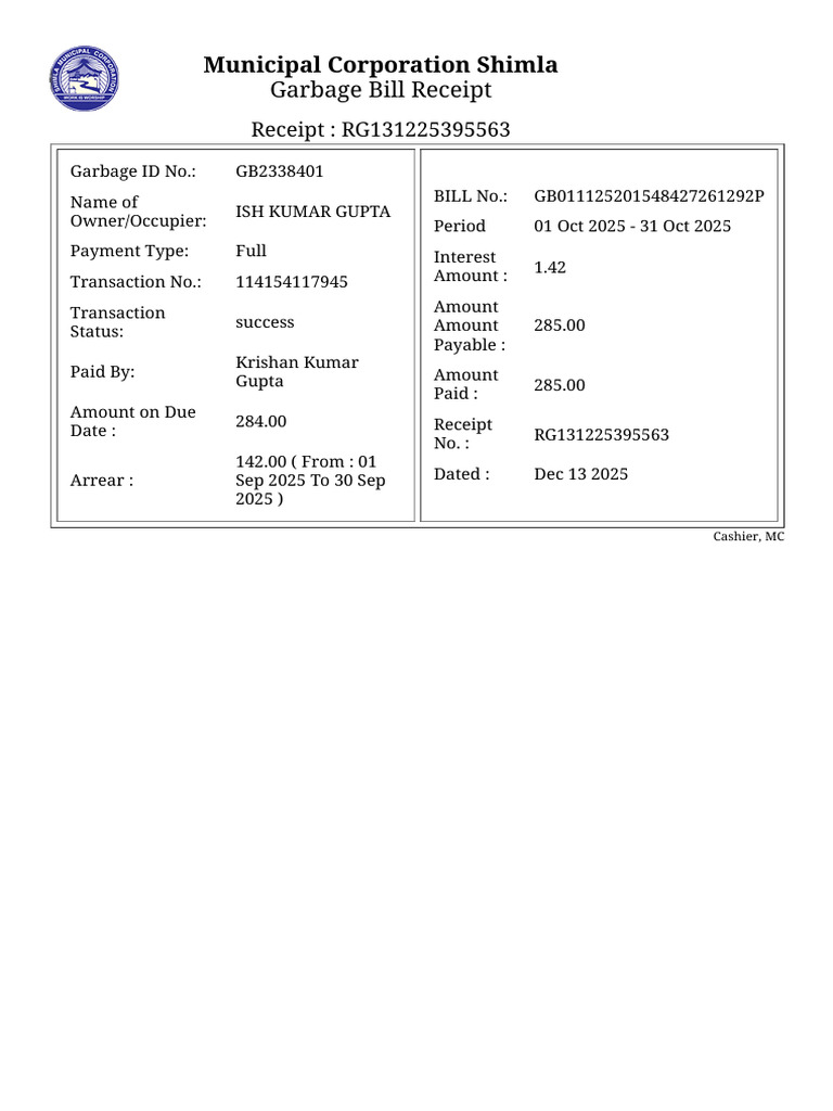 Shimla Garbage Bill Receipt Details | PDF