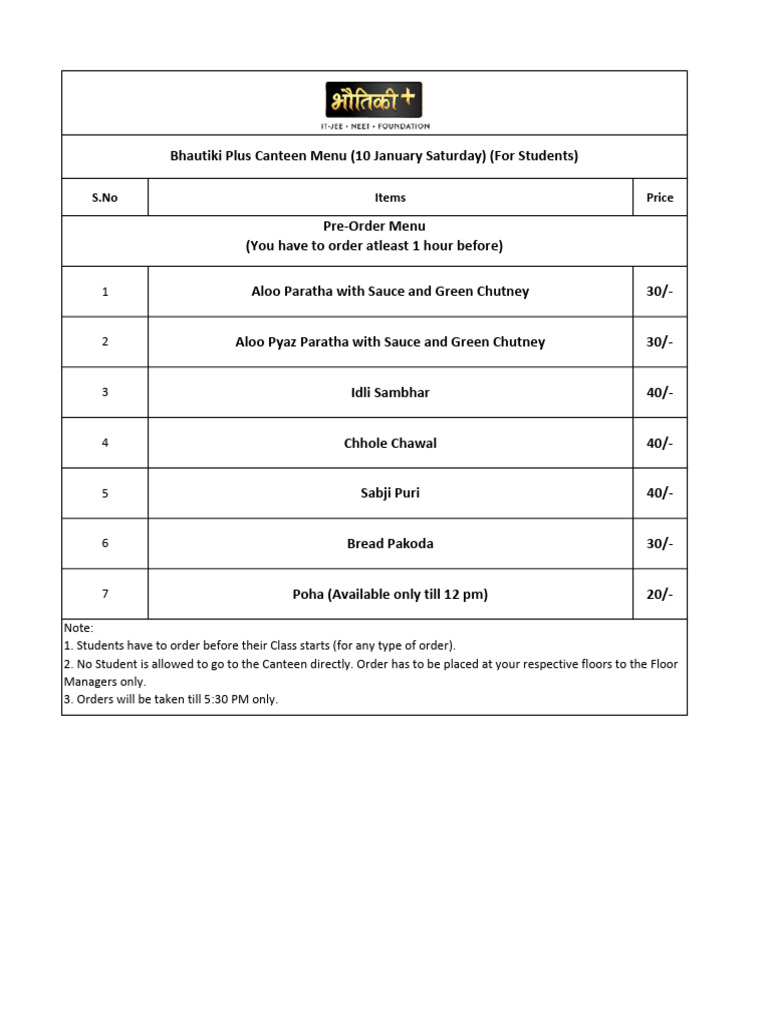 Canteen Menu (10-Jan.-2026) (For Students) | PDF
