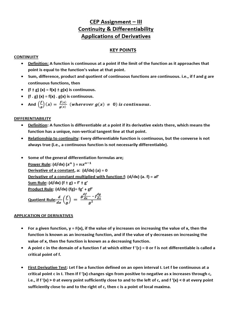 Continuity, Differentiability & Derivatives | PDF | Derivative ...