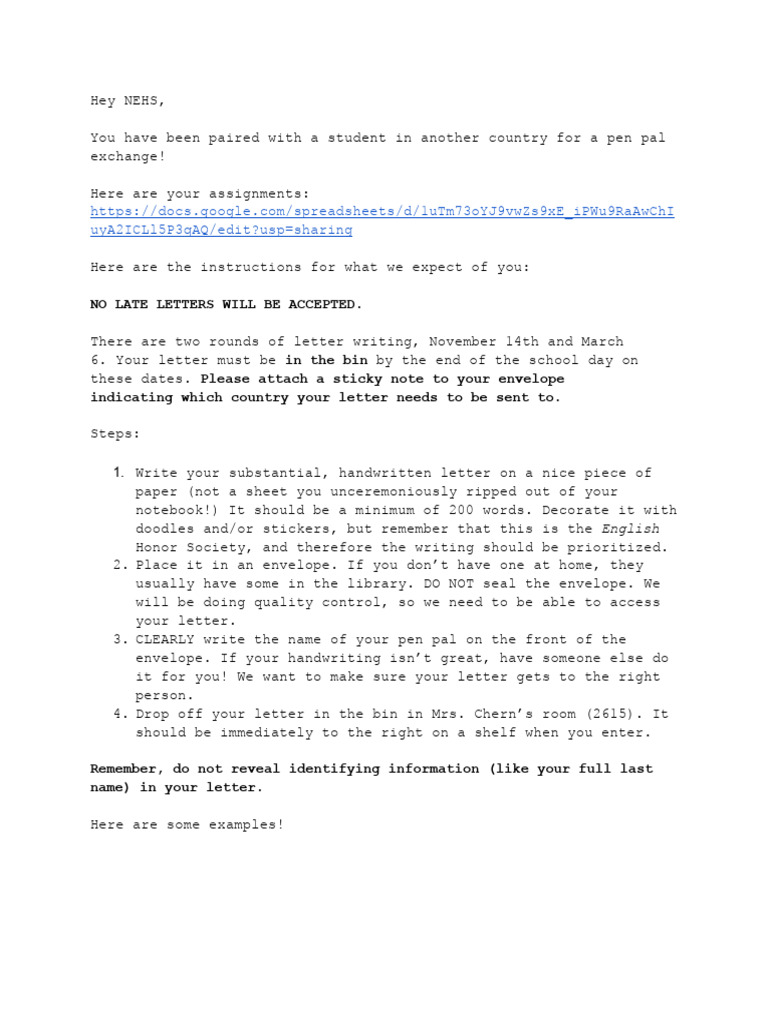 Pen Pal Exchange Instructions for NEHS | PDF