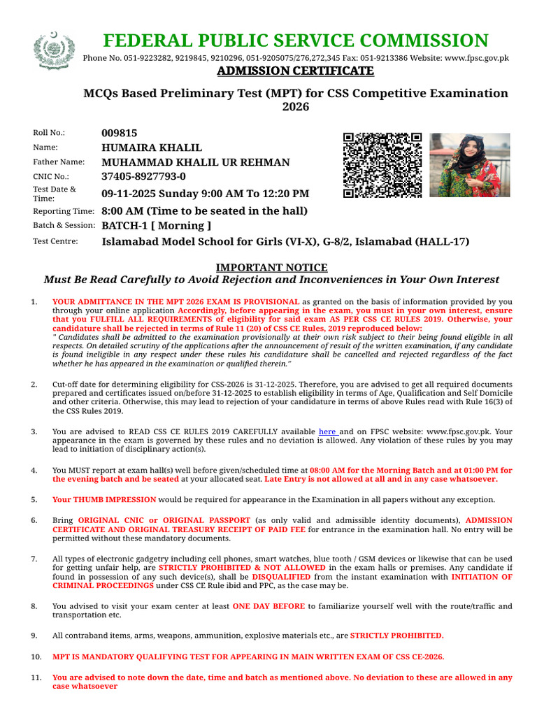 CSS MPT 2026 Admission Certificate | PDF