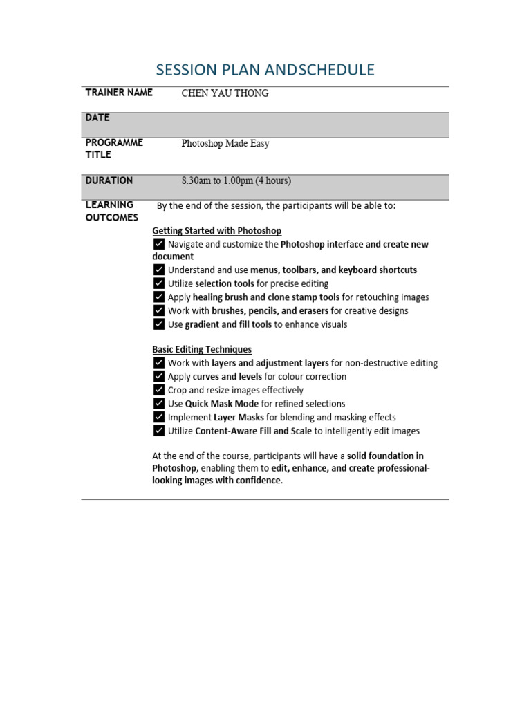 Photoshop Session Plan and Schedule | PDF | Adobe Photoshop