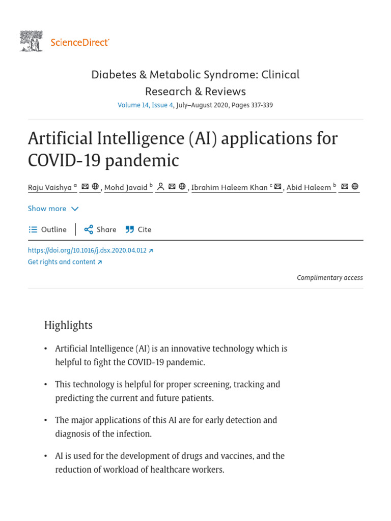 Artificial Intelligence (AI) Applications For COVID-19 Pandemic ...