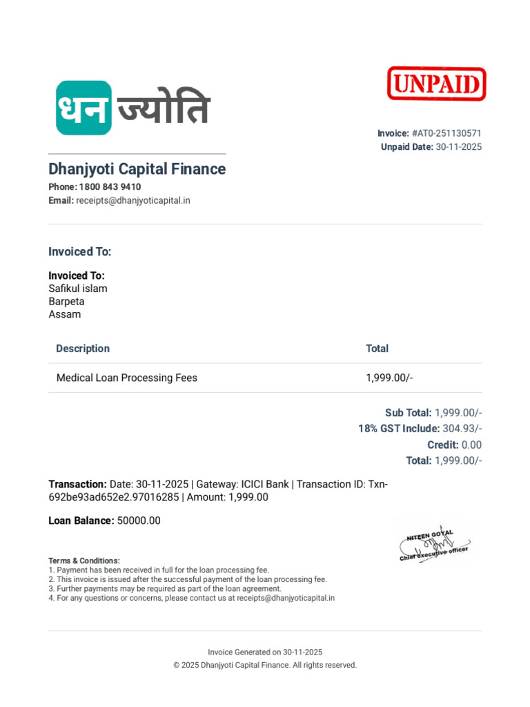 Safikul Islam Processing Fee Unpaid Invoice | PDF