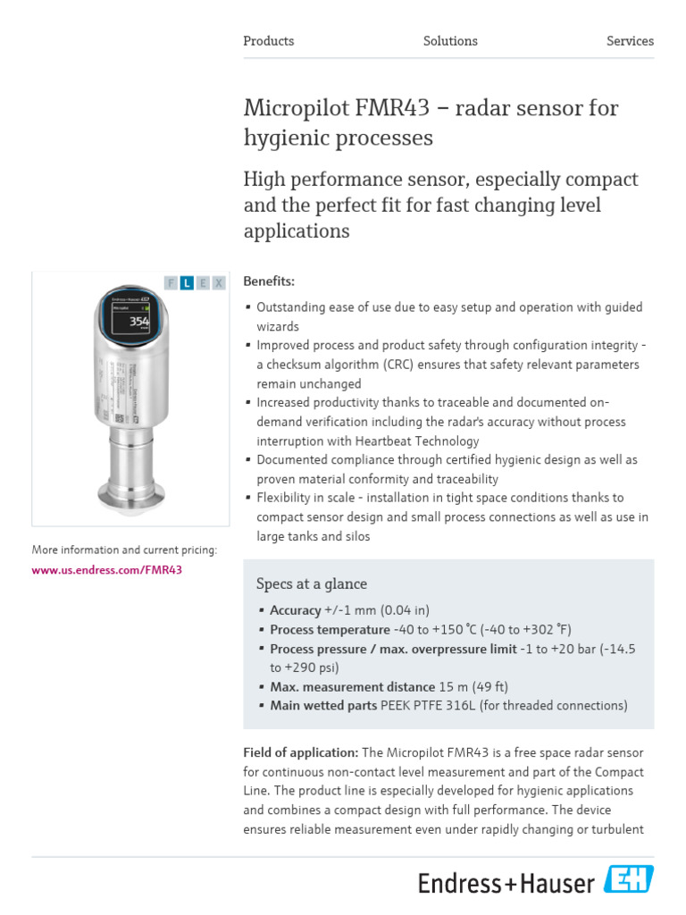Micropilot FMR43: Hygienic Radar Sensor | PDF