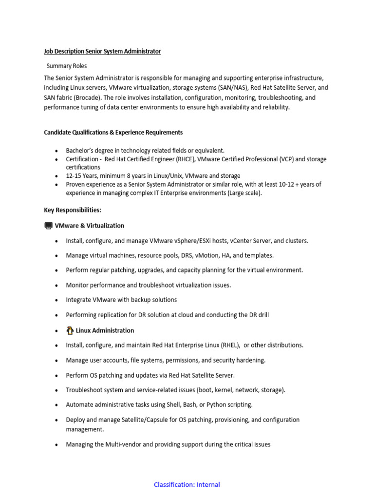 JD Sr. System Administrator - Linux-Vmware-Storage | PDF | Linux | Red Hat