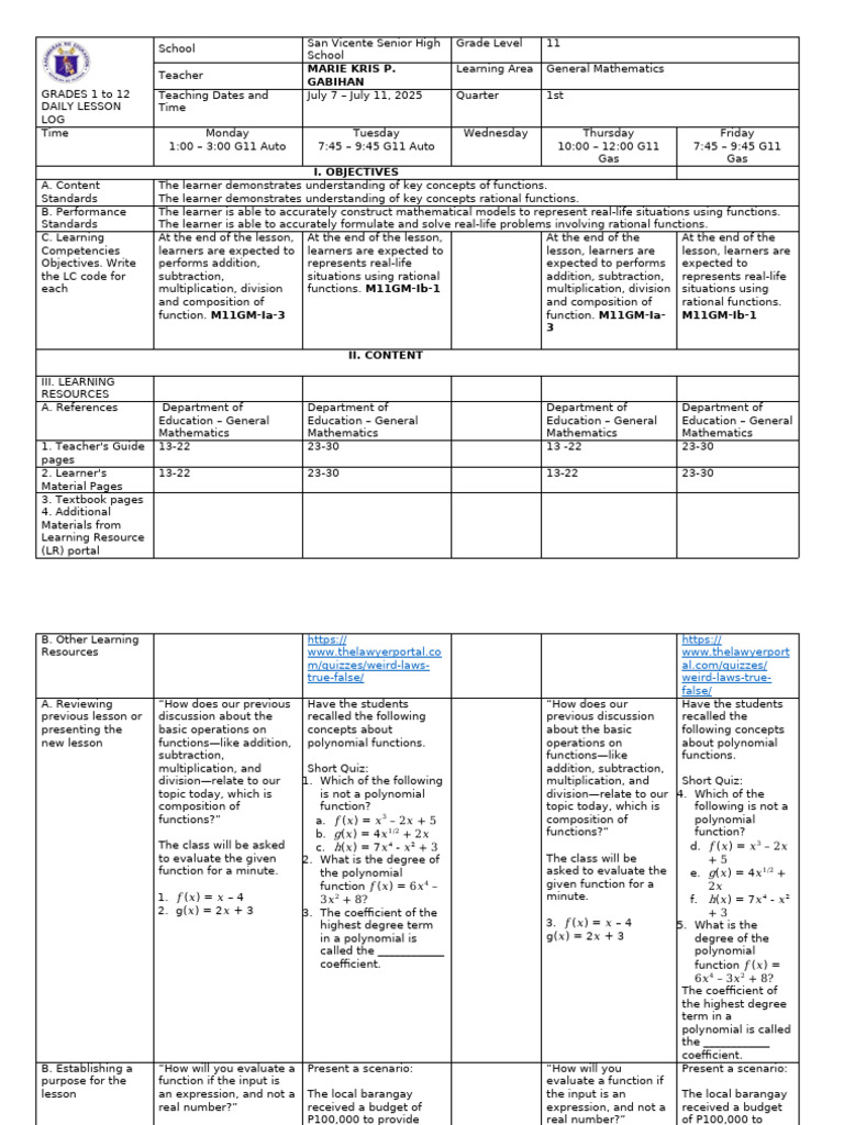 Grade 11 General Math Lesson Plan | PDF | Polynomial | Function ...