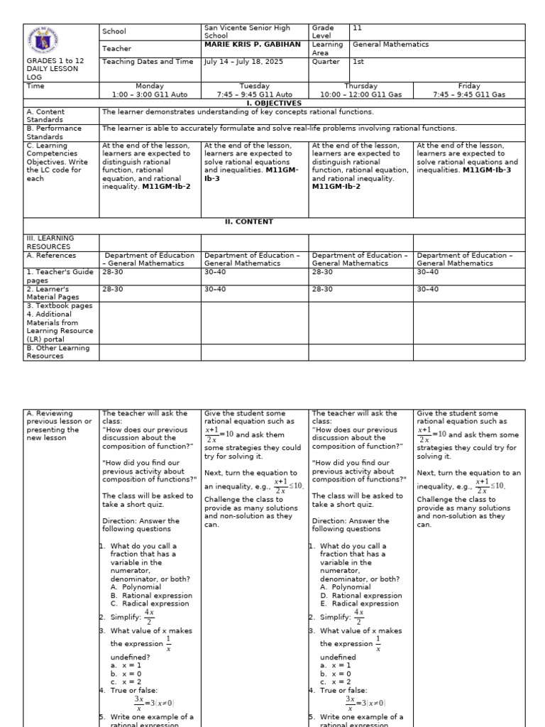 General Math Lesson Plan: Rational Functions | PDF | Equations | Polynomial