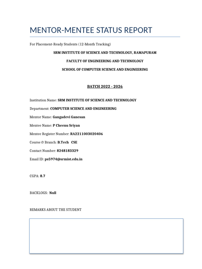 Mentor-Mentee Status Report 2022-2026 | PDF
