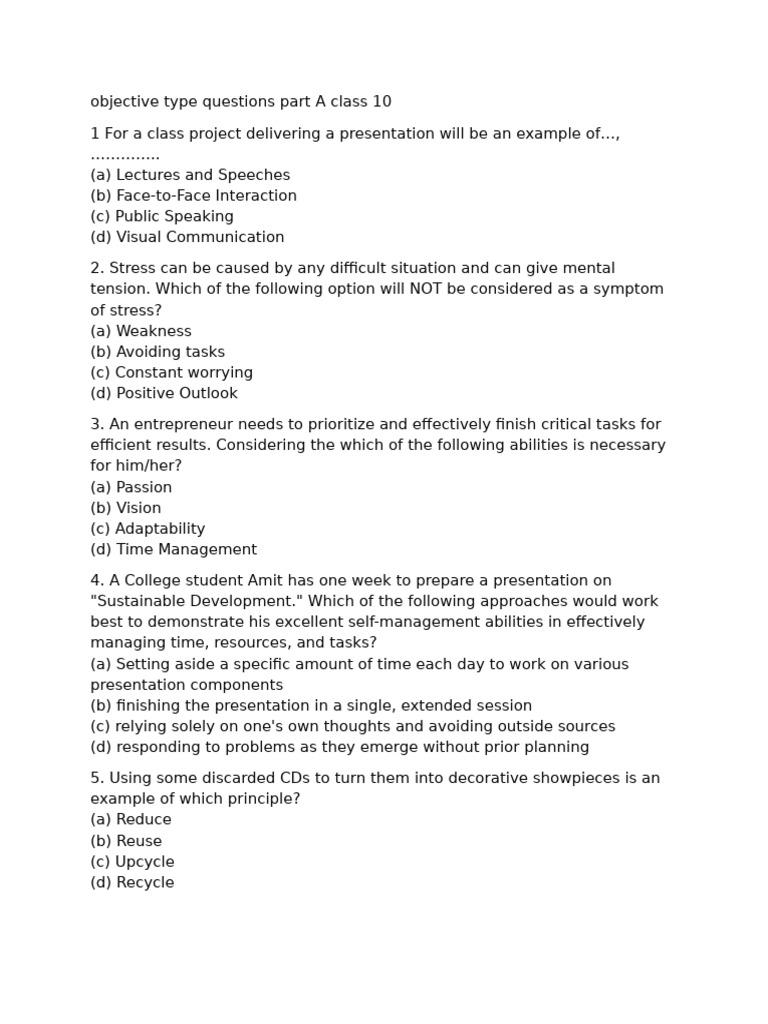 Class 10 Objective Questions Part A | PDF | Communication | Sustainability