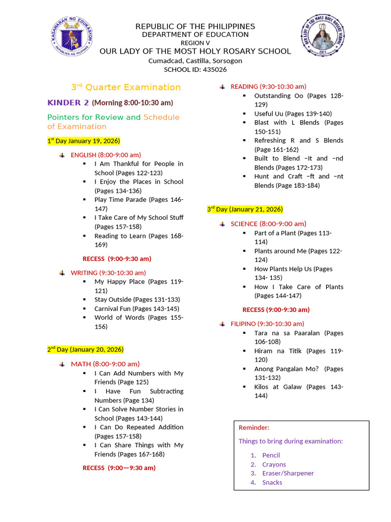 Kinder 2 Exam Schedule & Review Tips | PDF | Chess | Chess Theory