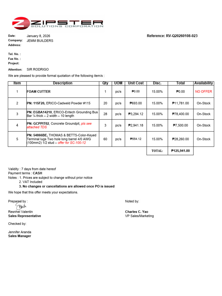 JEMM Builders Quotation for Foam Cutters | PDF