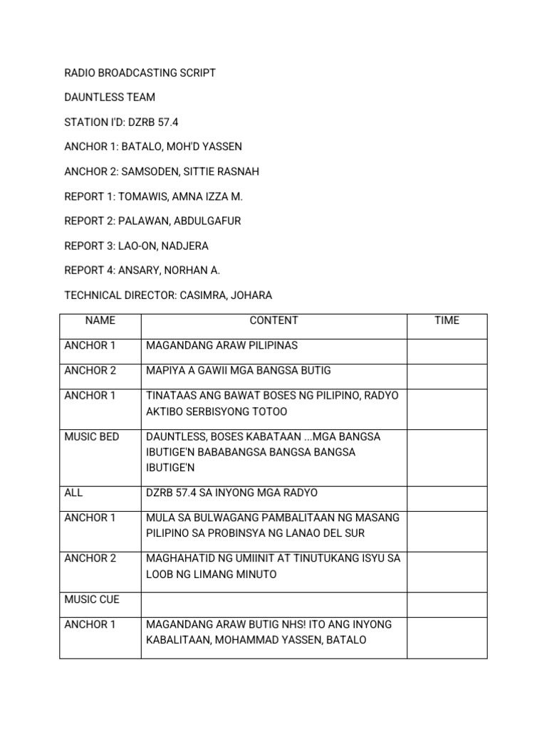 Radio Broadcasting Script: DZRB 57.4 | PDF