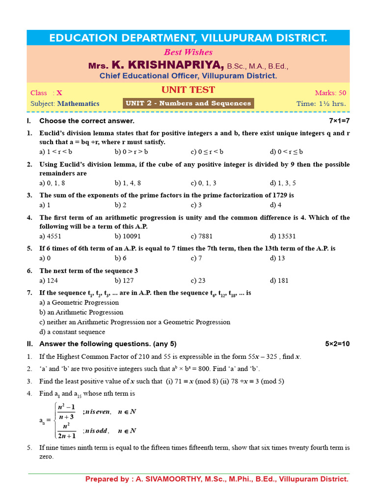 10th Maths Unit 2 QP EM | PDF | Mathematics | Number Theory