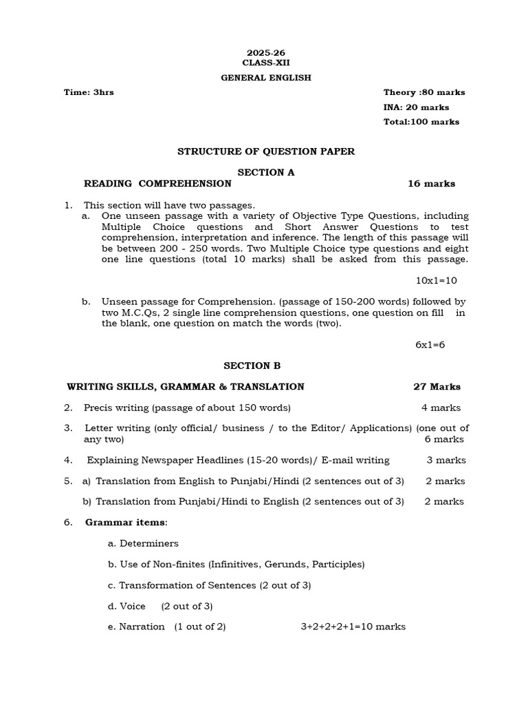 12th General English Structure of Question Paper 2025-26 | PDF | Poetry ...