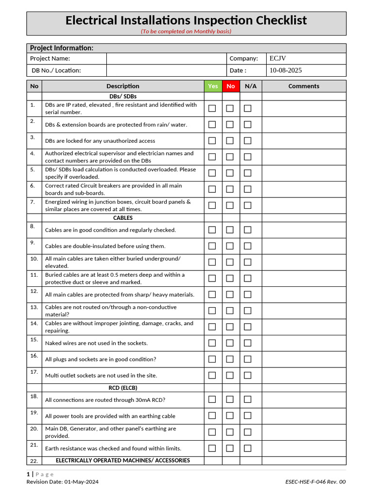 Monthly Electrical Inspection Checklist | PDF | Electrical Wiring ...