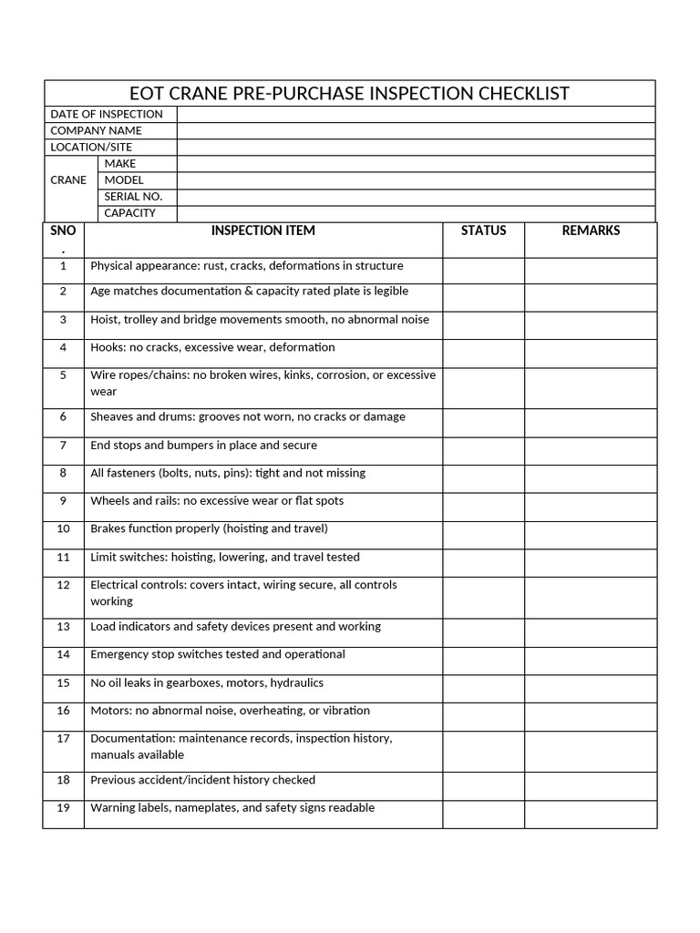 Crane Pre-Purchase Inspection Checklist | PDF