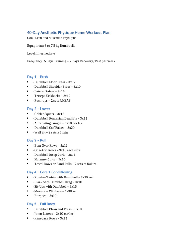 40-Day Home Workout Plan for Aesthetics | PDF | Weight Training ...