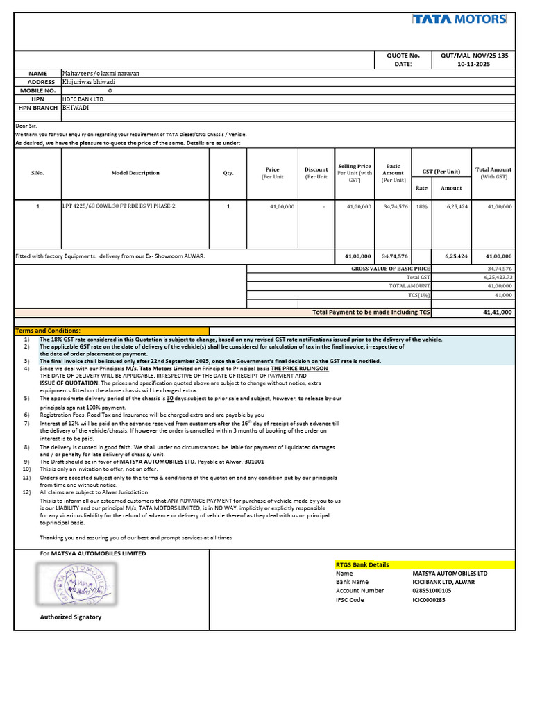 TATA Diesel/CNG Chassis Quotation | PDF | Receipt | Taxes