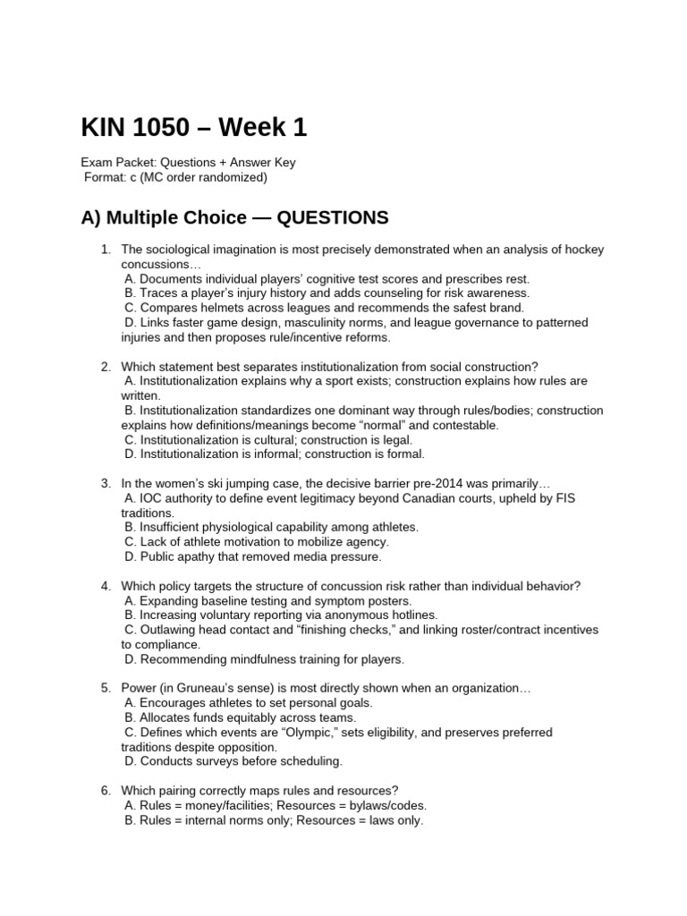 KIN 1050 Week 1 Exam: Questions & Answers | PDF | Concussion | Sports
