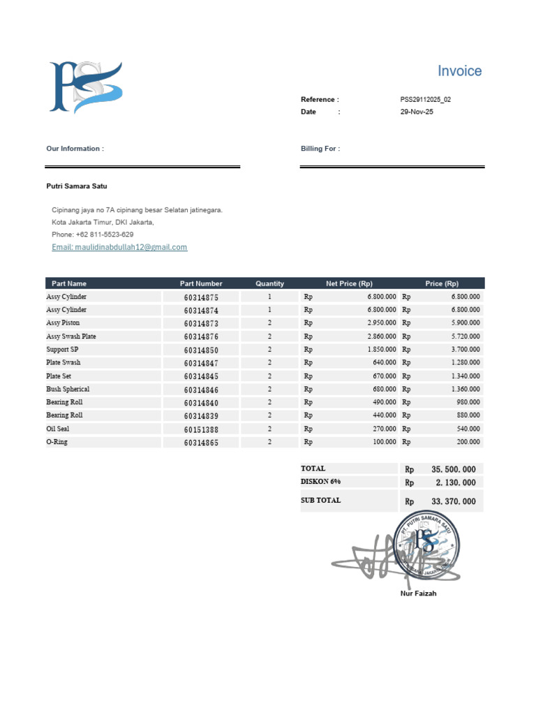 Invoice for Parts Purchase - Nov 2025 | PDF