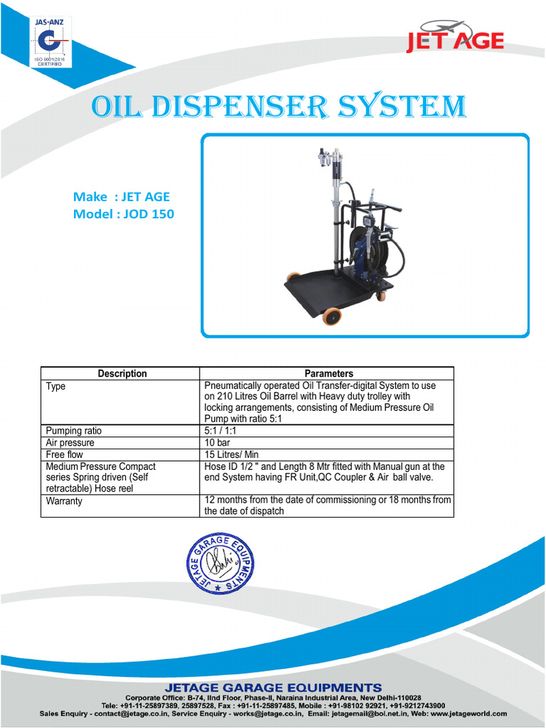 TR Oil Dispenser System - Pneumatic Operated | PDF