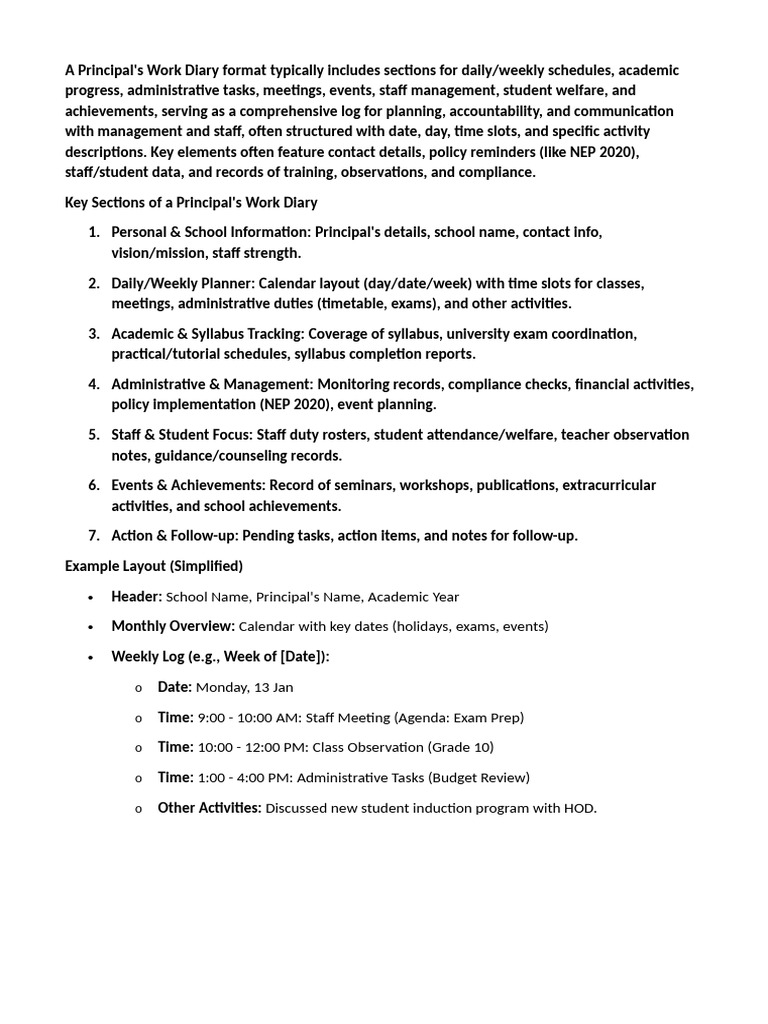 Principal's Work Diary Format Guide | PDF