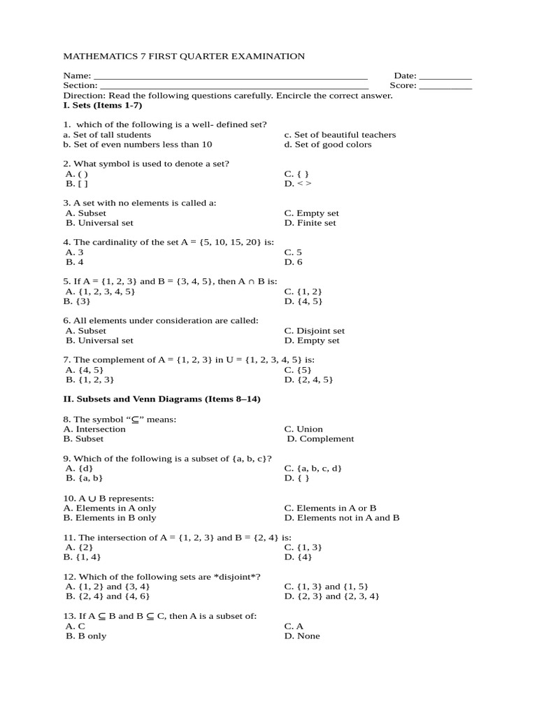 7th Grade Math First Quarter Exam | PDF | Set (Mathematics) | Mathematics