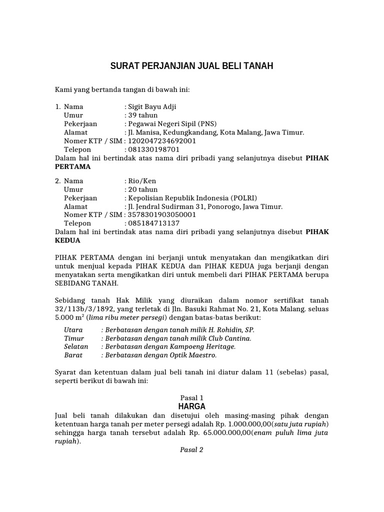 Perjanjian Jual Beli Tanah Malang | PDF