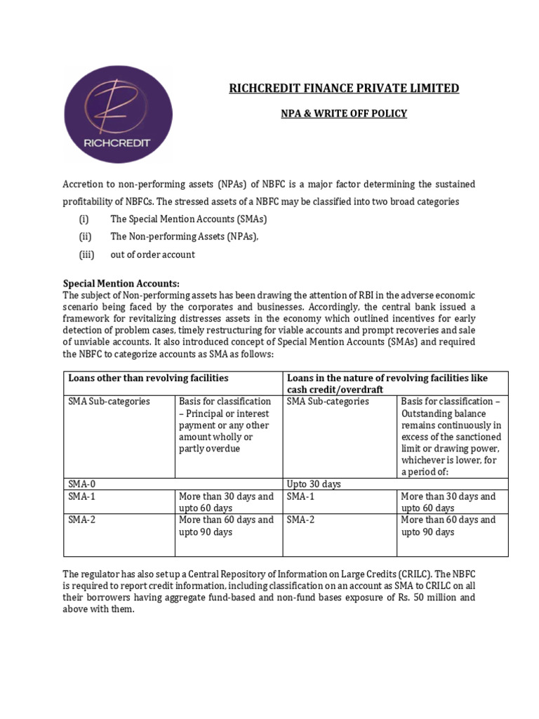 NPA and Write-Off Policy Overview | PDF | Interest | Non Bank Financial ...
