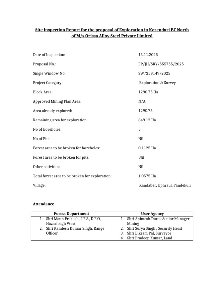 Kerendari BC Exploration Site Inspection Report | PDF
