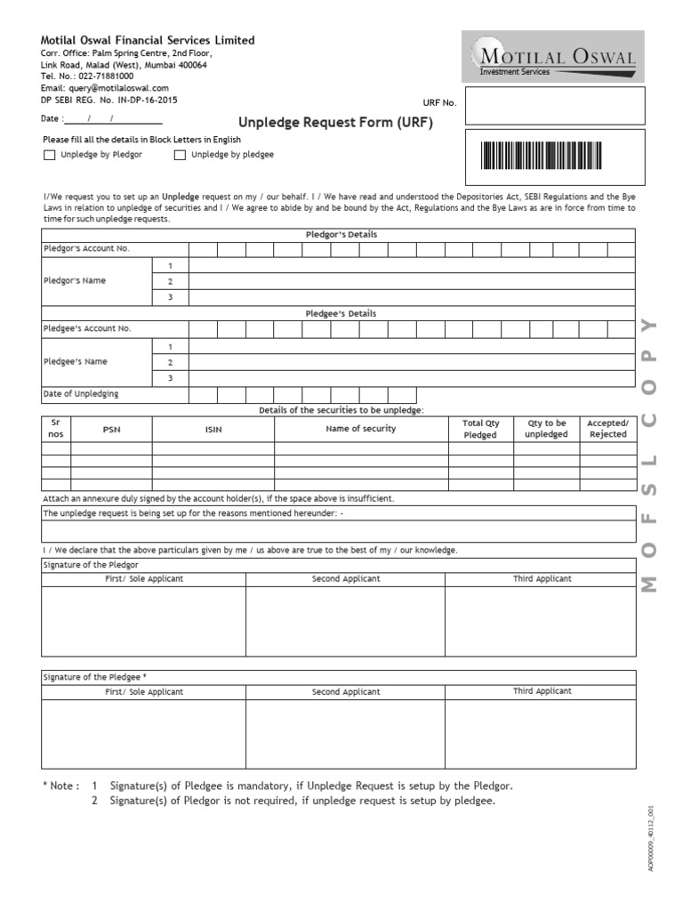Unpledge Request Form for Securities | PDF | Stock Market | Equity ...