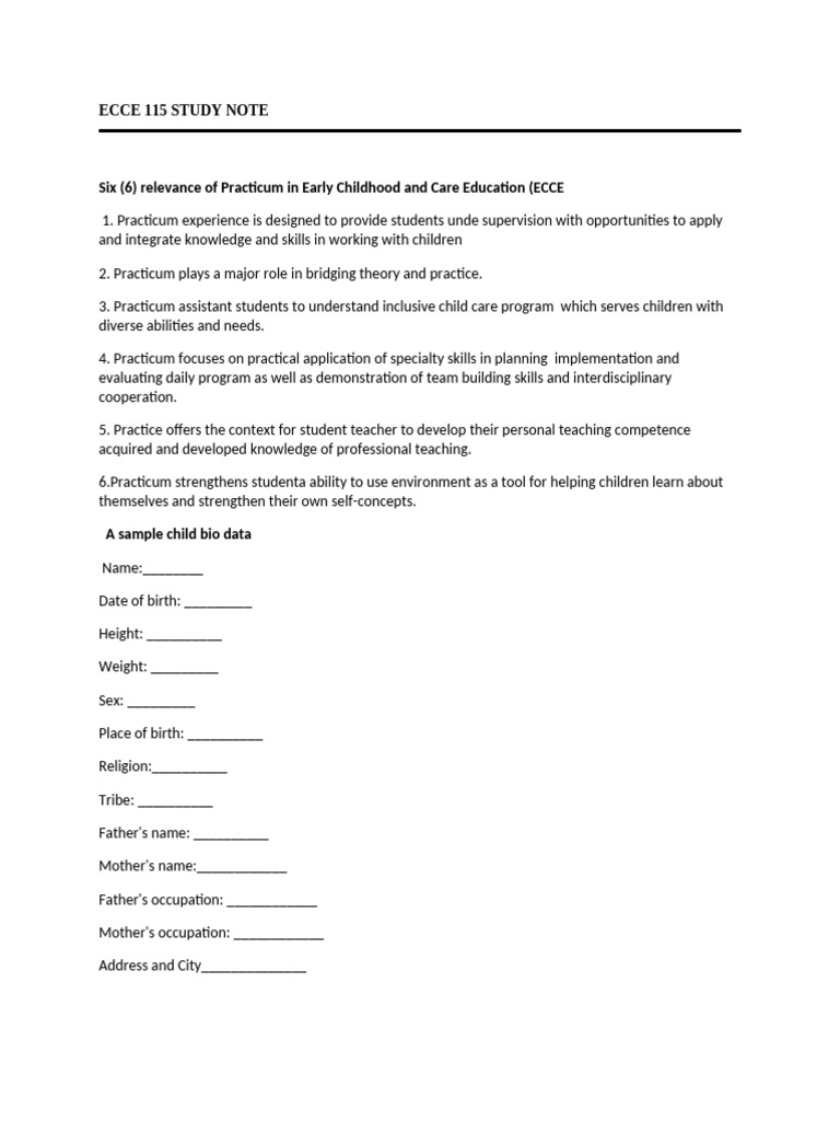 Ecce 115 Intro To Practicum Study Note | PDF | Early Childhood ...