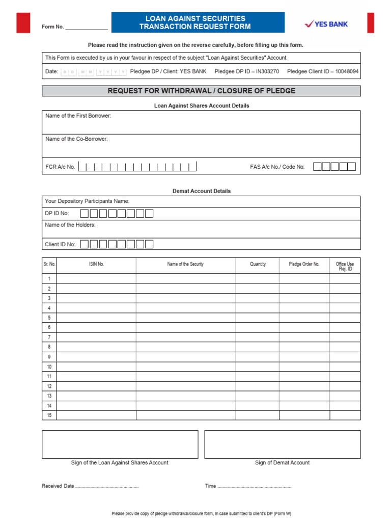 Request For Withdrawal / Closure of Pledge: Loan Against Securities ...