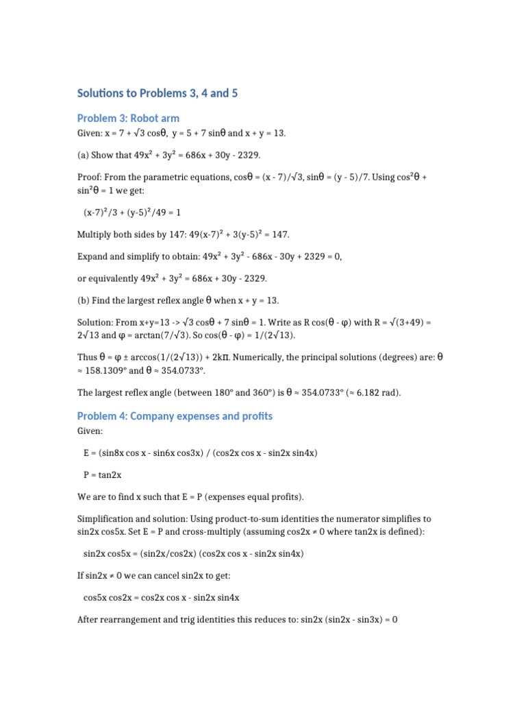 Solutions to Math Problems on Angles and Profits | PDF | Trigonometric ...