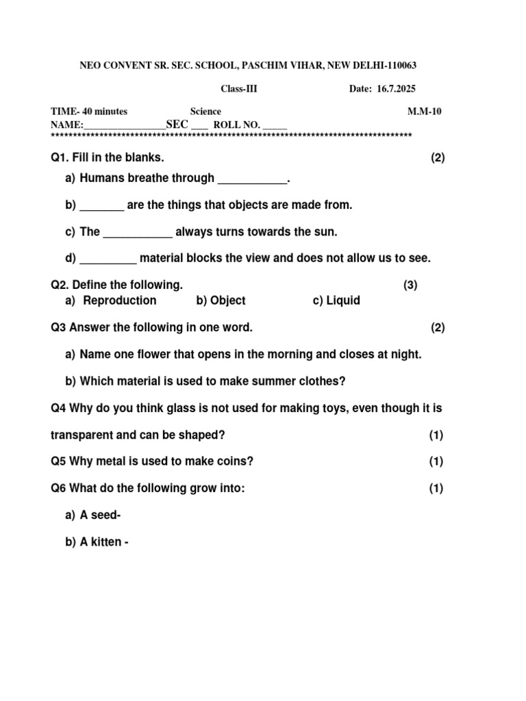 Class 3 Test Science | PDF
