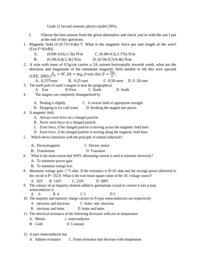 Grade 12 Physics Model Exam Questions | PDF | Semiconductors ...