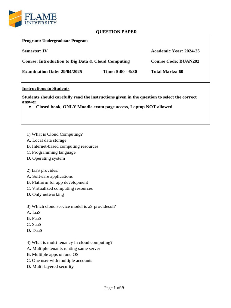 Cloud Computing & Big Data Exam Questions | PDF | Apache Hadoop | Cloud ...
