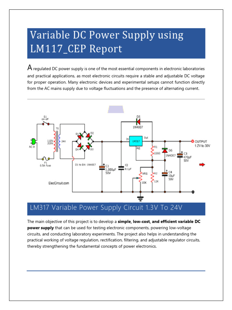 LM117 Variable DC Power Supply Design | PDF | Rectifier | Power Supply