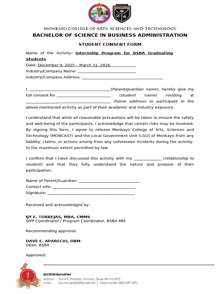 BSBA Internship Program Consent Form | PDF