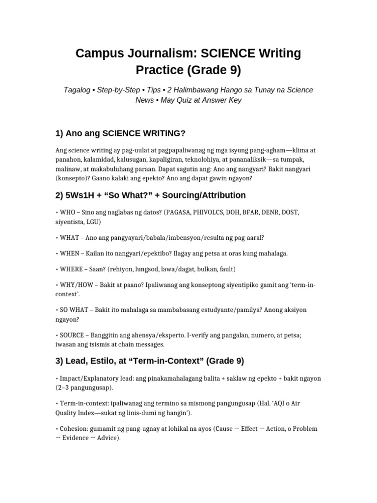 Campus Journalism Grade9 SCIENCE Tagalog withQUIZ | PDF